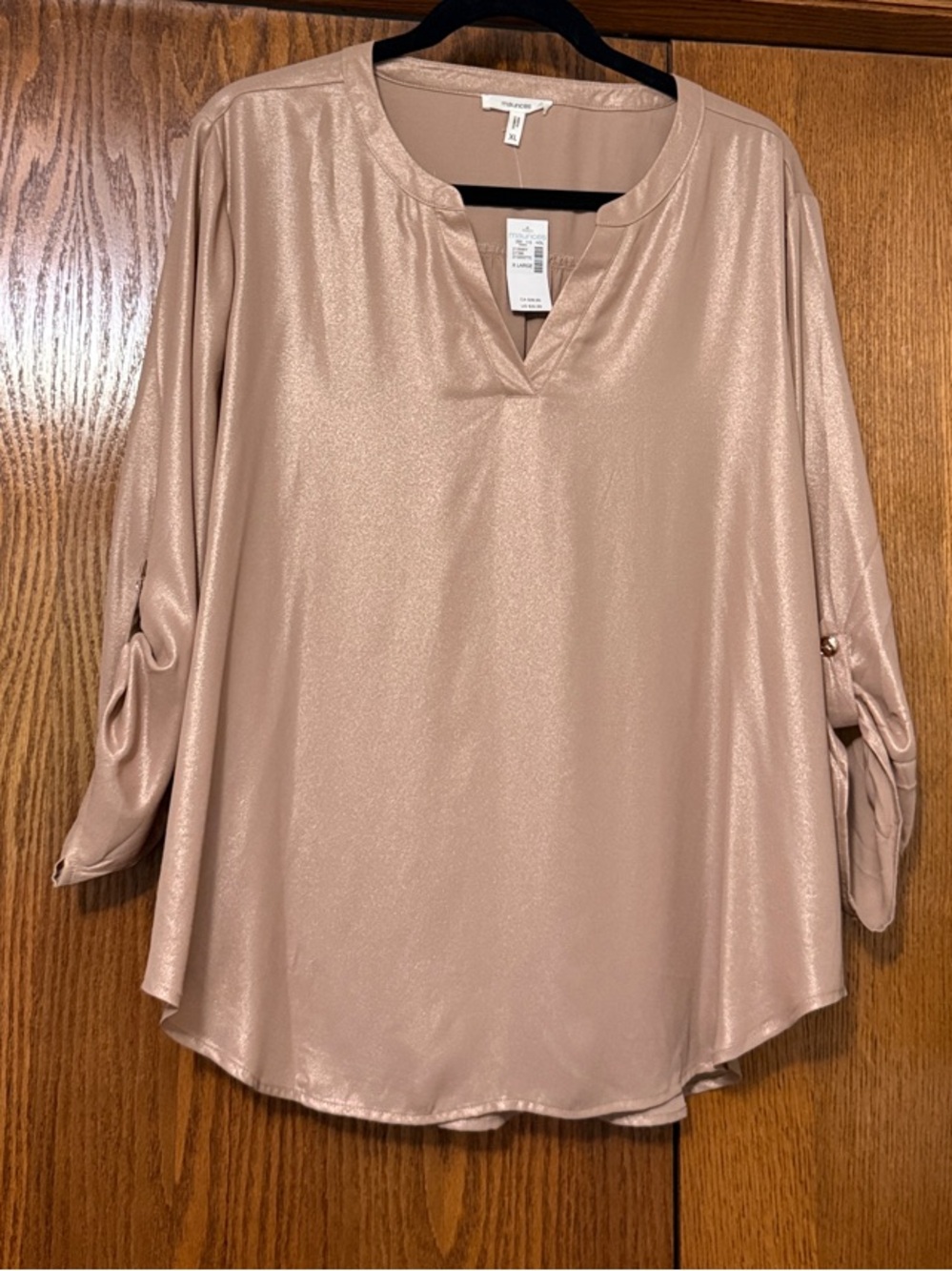 Maurices Shimmery Blush Beige V-Neck Roll-Sleeve Blouse